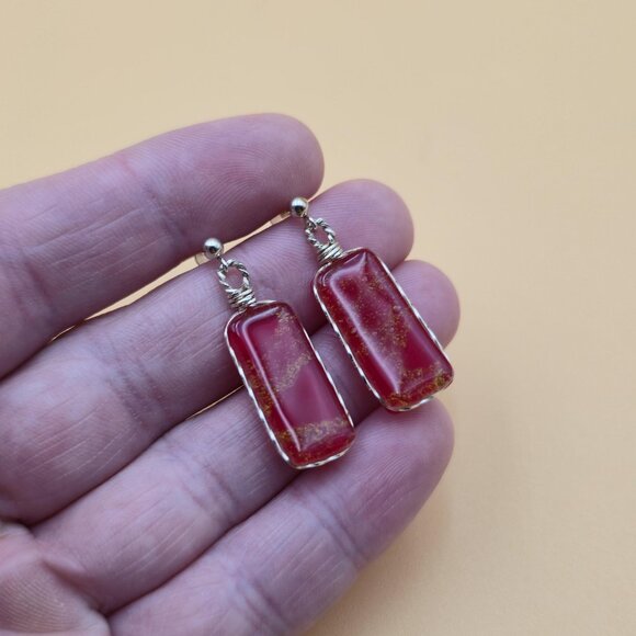 Sterling Silver Handmade Red Glass Dangle Earrings A5234 - Picture 2 of 5